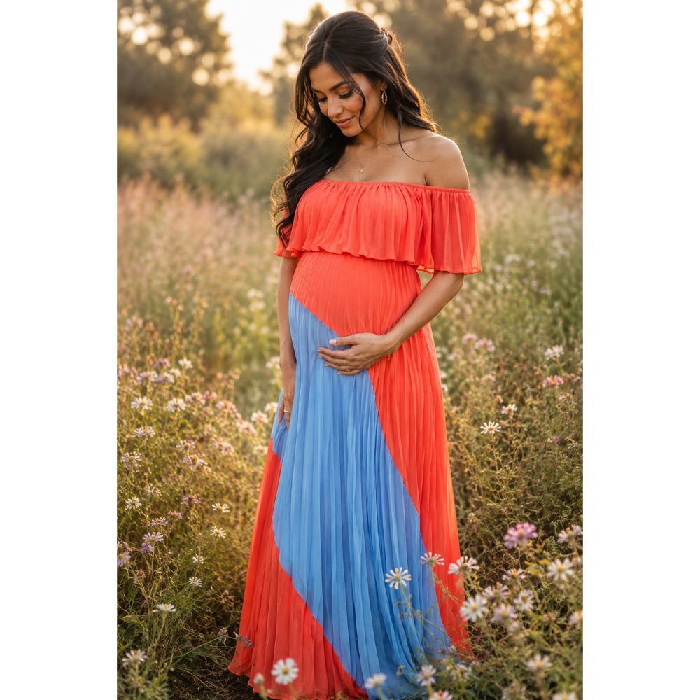 Pregnancy Photoshoot Maxi‎ Dress Small Colorblock Pleated Off Shoulder Boho - Picture 1 of 7